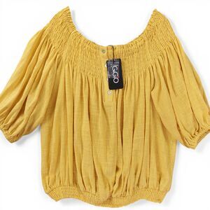 GiGiO USA Yellow Off Shoulder Peasant Blouse Top Sz M Boho Smocked 100% Cotton
